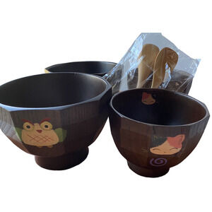 Acacia Wood Footed Rice Soup 4 Bowls Owl And Cat Graphics W/2 Small Spoons